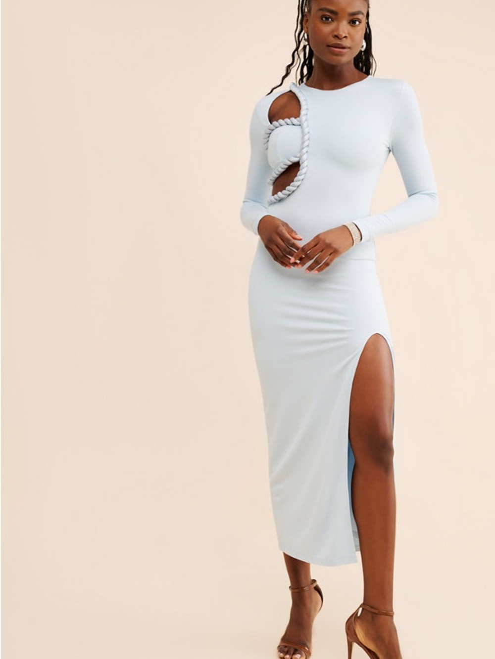 Elexiay Braided Tife Cutout Light Blue Long Sleeve Midi Dress with High Slit